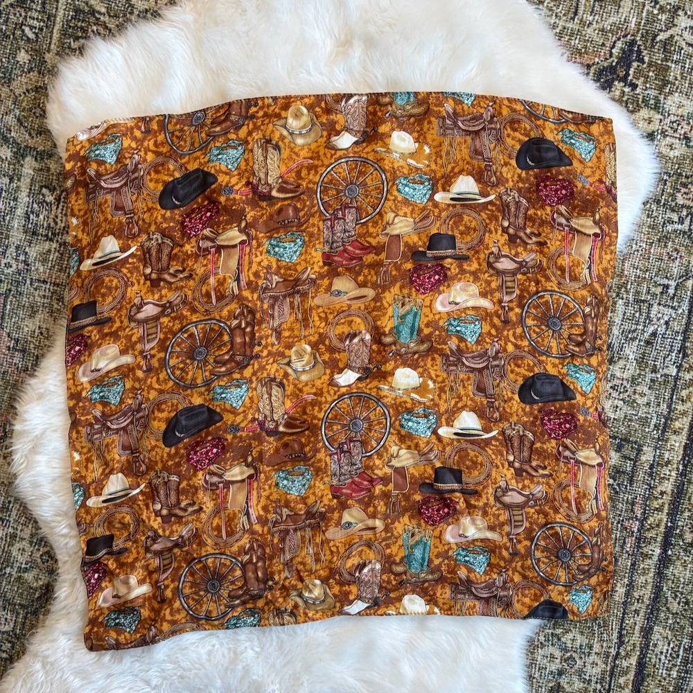 Western Silk Scarf Square Cowboy Boots Saddle Wagon Wheel Print Brown 20x19